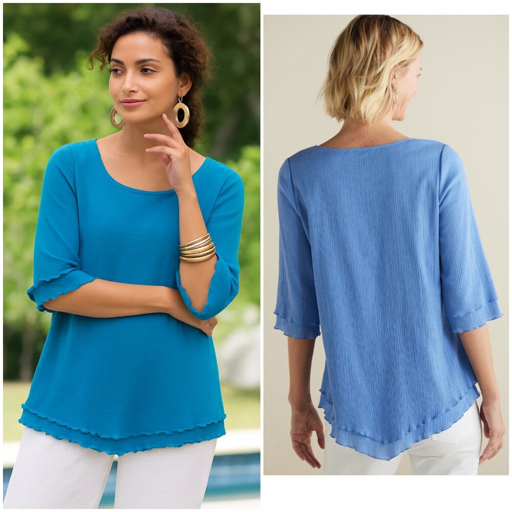 Soft Surroundings Siesta Key Tunic Top Gauze Cotton Blue size L Lettuce Hem Boho